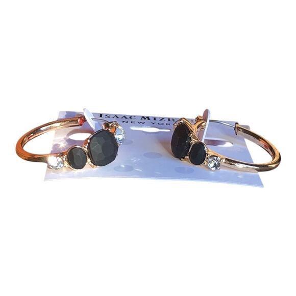Isaac Mizrahi NWT Gold Tone Clear Rhinestones Black Stones Hoop Earrings - Picture 6 of 10